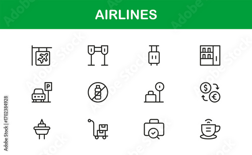 Airlines Travel Aviation Professional Line Icon Set – Modern Minimal Outline Vector Icons for Premium Designs