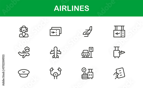 Airlines Travel Aviation Professional Line Icon Set – Modern Minimal Outline Vector Icons for Premium Designs