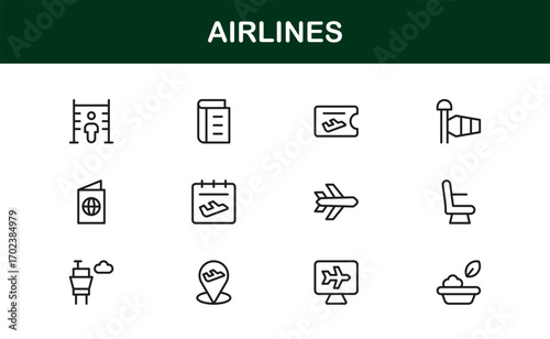 Airlines Travel Aviation Professional Line Icon Set – Modern Minimal Outline Vector Icons for Premium Designs