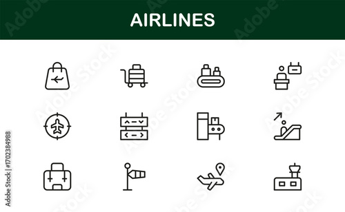 Airlines Travel Aviation Professional Line Icon Set – Modern Minimal Outline Vector Icons for Premium Designs