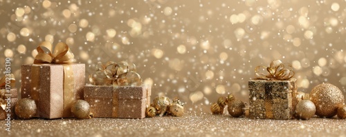 Gold Christmas background with gifts and bokeh lights, festive decoration for Christmas, Minimal scene for mockup products, promotion display, 3D rendering product display platform.