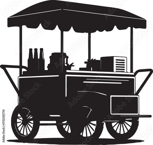 This illustration shows a black silhouette of a food cart with a canopy, featuring wheels and various items inside, suggesting it sells drinks and snacks.