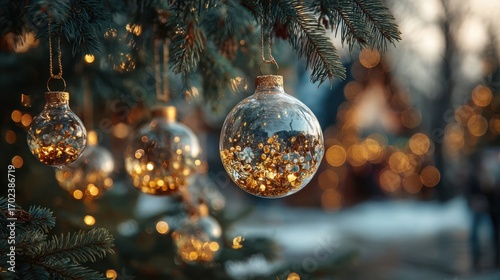 Transparent glass christmas balls with gold glitter hanging on fir tree with bokeh lights