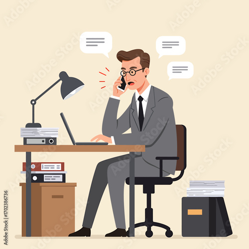 Overworked businessman feeling stressed and anxious during a difficult phone call at his cluttered office desk