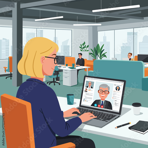 Professional woman engaged in a virtual conference call with a male colleague on her laptop in a contemporary open-plan office