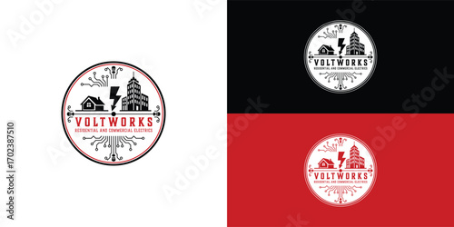 The residential electrical logo combines classic and modern elements. A vintage circle frames both a house and a sleek building, symbolizing expertise in residential and commercial electrical work.