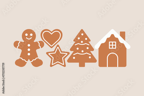 Set of gingerbread cookies with man, heart, star, tree and house shapes on beige background, traditional Christmas dessert. Flat vector illustration