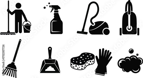 Industrial and commercial janitorial cleaning services vector illustration icons, silhouette. 