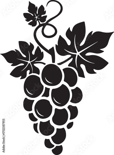 Black silhouette of grapes. Vector. Vector illustration of black silhouette of bunch of grapes with leaves.
