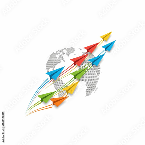 Global Network Colorful Paper Airplanes Soaring Around the World, Connecting Ideas