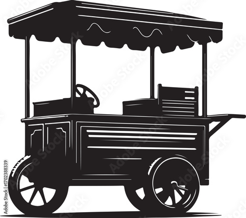 This illustration shows a black and white image of a vintage food cart with a canopy, steering wheel, storage compartments, and two large wheels, suggesting a classic and possibly mobile snack