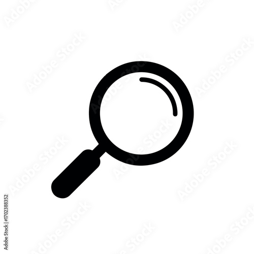 Clean Black Silhouette Magnifying Glass Search Vector Icon for Discovery and UI Functionality on White Background, Modern Minimalist Design