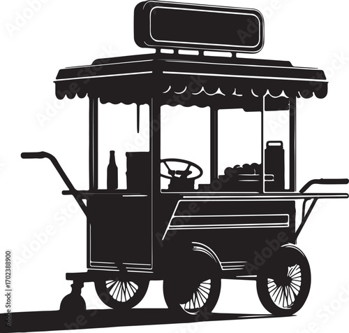 A black and white illustration depicts a vintage food cart with a blank sign, a steering wheel, and various items suggesting food and drink, all set against a white background.