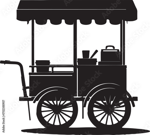 This is a black and white illustration of a vintage food cart with a striped awning, two large spoked wheels, and a handle, showing various cooking utensils and containers inside.