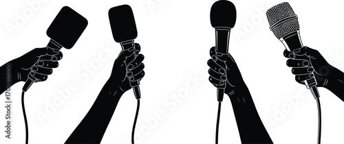 Press conference hands holding interview microphones icon editable vector illustration