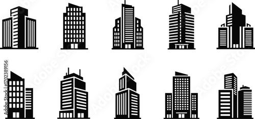 Black and white city building icons, modern office skyscraper vector, urban architecture silhouette, city skyline illustration, commercial building design set.