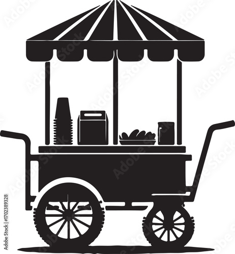 This image shows a black and white illustration of a food cart with an umbrella, featuring various food and beverage items displayed on its surface.
