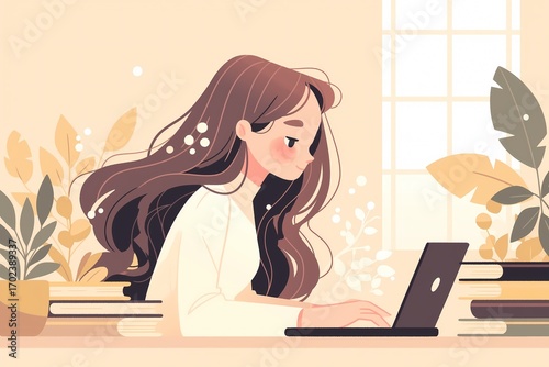 ノートパソコンでリモートワークをする女性のイラスト（副業・在宅ワーク・フリーランス）