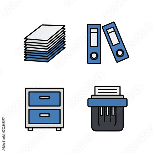 Office Essentials Organized Documents, Files, Cabinet and Shredder on a White Background