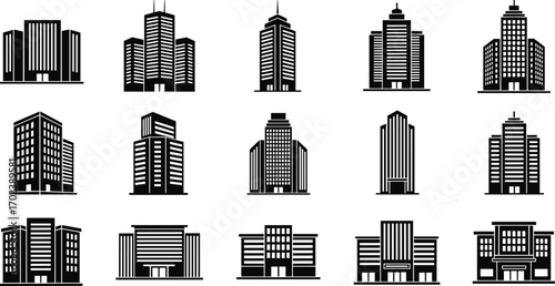Black and white office building icons set, city skyscraper silhouettes, modern urban architecture vectors, commercial real estate symbols, business tower illustrations.
