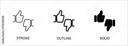 Like and dislike icons for feedback, quality rating, social media, ui design. Stroke, outline and solid vector icons. Eps10 file.