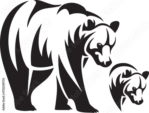 Bear vector emblem. Walking bear and animal head black and white outline emblem
