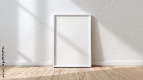 Minimalist White Frame Mockup on Wooden Floor with Sunlight, Ideal for Art and Photography Presentation