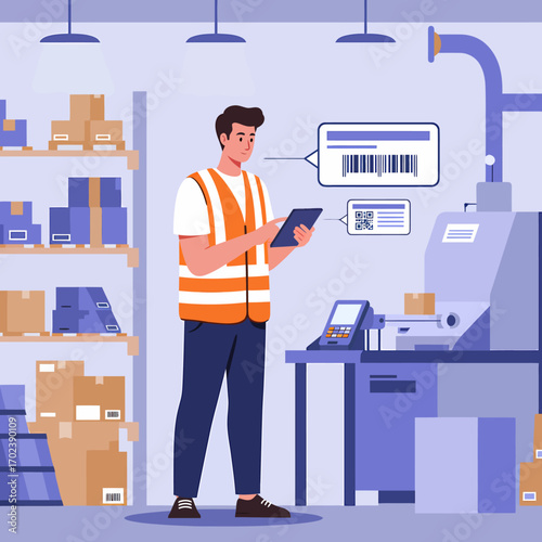 Smart factory concept with a worker managing automated inventory control and logistics using a tablet for barcode scanning