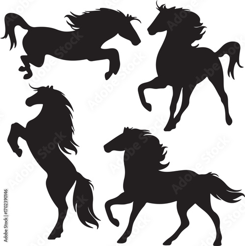 Horses vector set. Set of fine horse silhouettes - running, rearing and jumping
