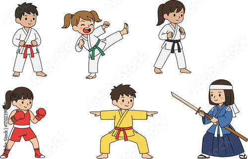 Cartoon martial arts characters in various uniforms and poses including karate, taekwondo, boxing, kung fu, and kendo vector illustration set