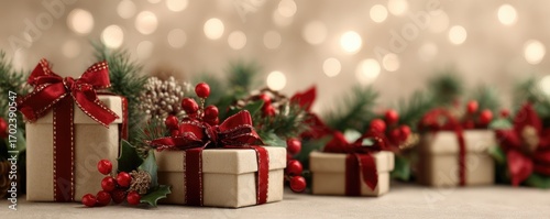 Christmas background with gifts and bokeh lights, festive decoration for Christmas, Minimal scene for mockup products, promotion display, 3D rendering product display platform.