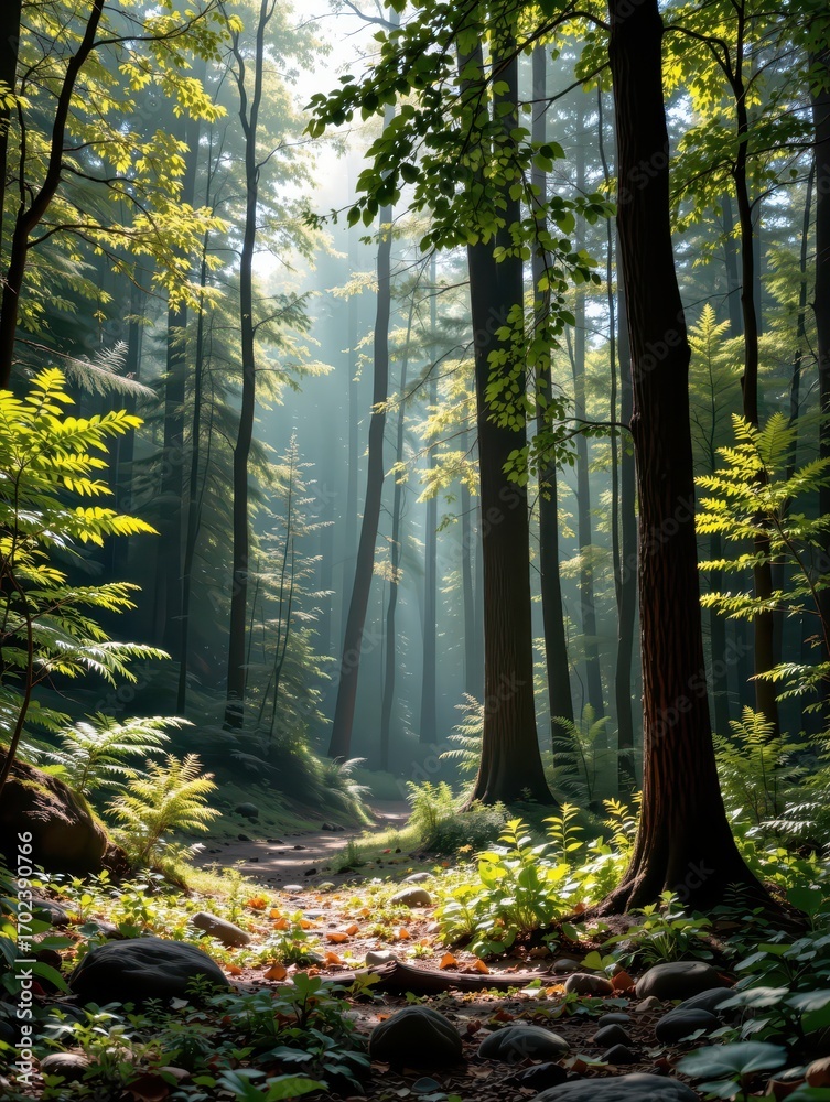 Obraz premium Sunlight Streaming Through a Lush Green Forest, Serene Woodland Landscape