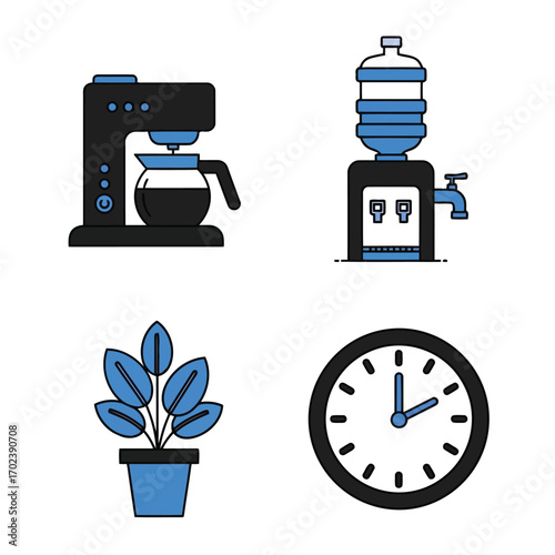 Simple office and workspace outline icons featuring a coffee maker, water dispenser, plant and clock