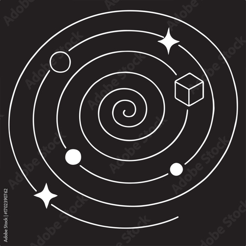 Cosmic Orbits Abstract Planets with a Spiral Orbit and a Geometric Cube Black and White