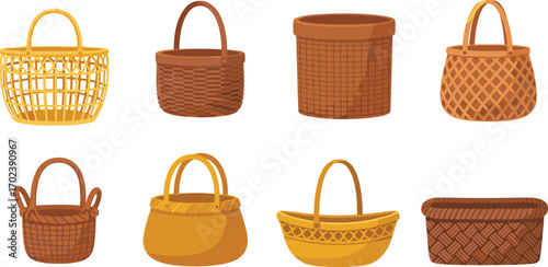 Collection of eight decorative woven baskets in various shapes, colors, and patterns for home storage, decoration, and cultural design"