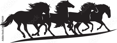 Running mustang horses herd black and white vector silhouette. Herd of wild mustang horses rushing forward - black vector silhouette outlines of running animals group
