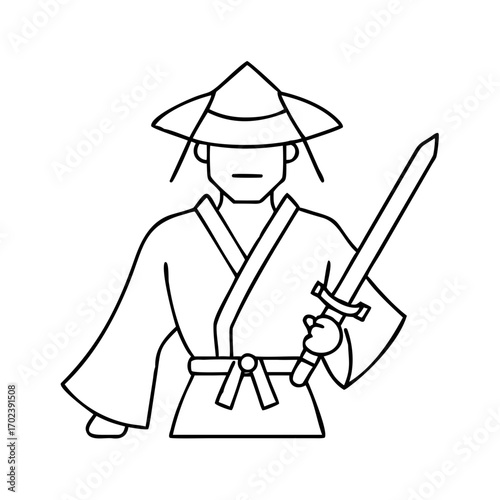 Minimalist Samurai Warrior with a Sword in Black and White Outline