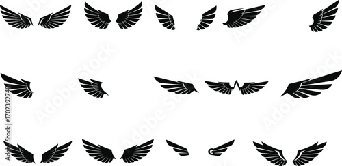 Black wing silhouettes vector set, bird feather designs, isolated flying wings, angel wings icons, tattoo style, nature freedom symbols.