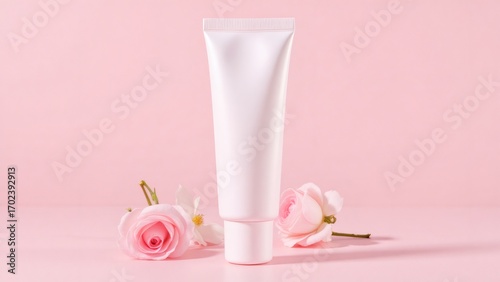 Elegant white tube of cream on pink backdrop adorned with roses.