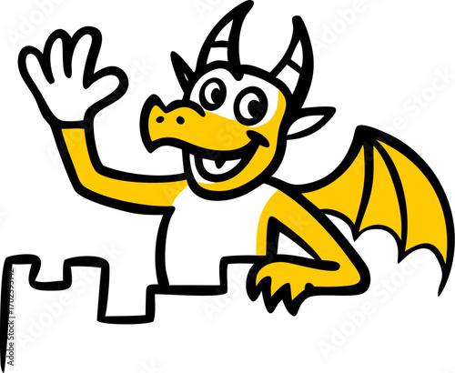 Friendly cartoon dragon waving hello with a smile, inviting fun and joy for everyone