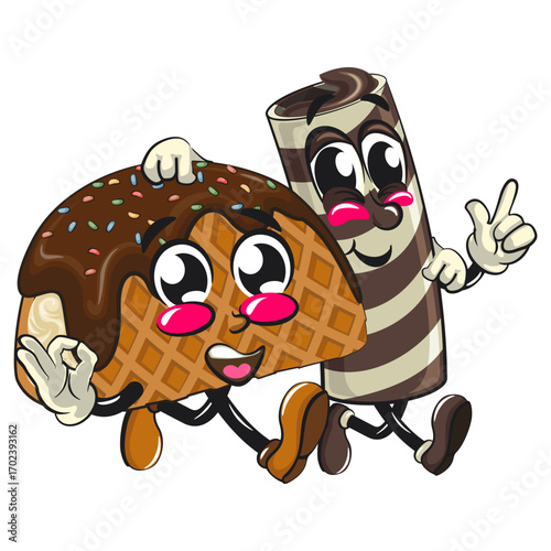 cute choco taco ice cream mascot character vector illustration with a chocolate wafer roll character while giving thumbs up, work of hand drawn