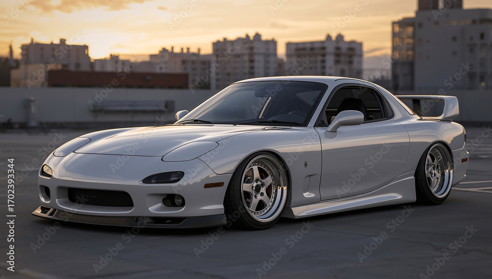 Fototapeta premium A sleek white sports car with a wide body kit and low stance, parked on a rooftop at sunset, blending elegance with raw performance