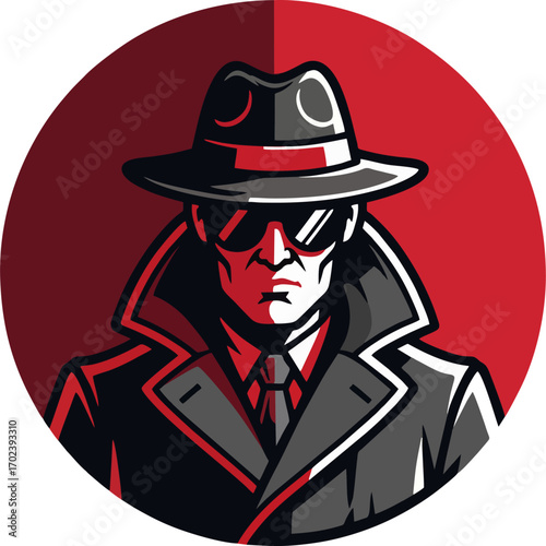 Two-Tone Noir Detective Mascot in Fedora and Trench Coat on Red Circle – Secret Agent Vector Illustration