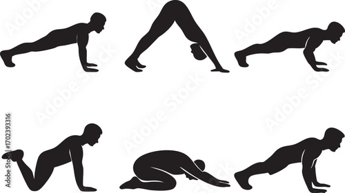 Yoga and Fitness Pose Silhouette Sequence Vector in Black Featuring Six Positions for Wellness, Training, and Instructional Use