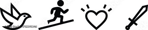 Four Symbolic Images of Abstract Concepts Conveying Peace Achievement Love and Conflict with Simple Stylized Drawings in a White Isolated Compositional Context