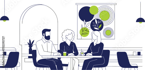 Café conversation vector illustration, people talking at table, social meeting scene, modern interior, flat design, black yellow white