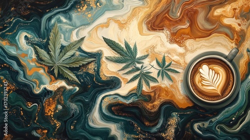 Artistic coffee cup with cannabis leaves on a marbled background