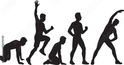 Physical Activity Silhouette Sequence Vector in Black Featuring Five Expressive Poses for Fitness, Wellness, and Movement Themes