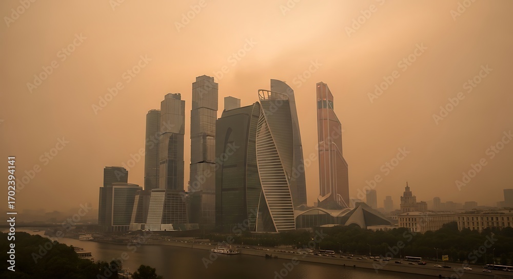 Fototapeta premium Modern City Skyline at Sunrise Hazy Atmosphere.