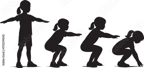 Child Squat Exercise Silhouette Sequence Vector in Black Featuring Four Poses for Youth Fitness and Movement Education Themes